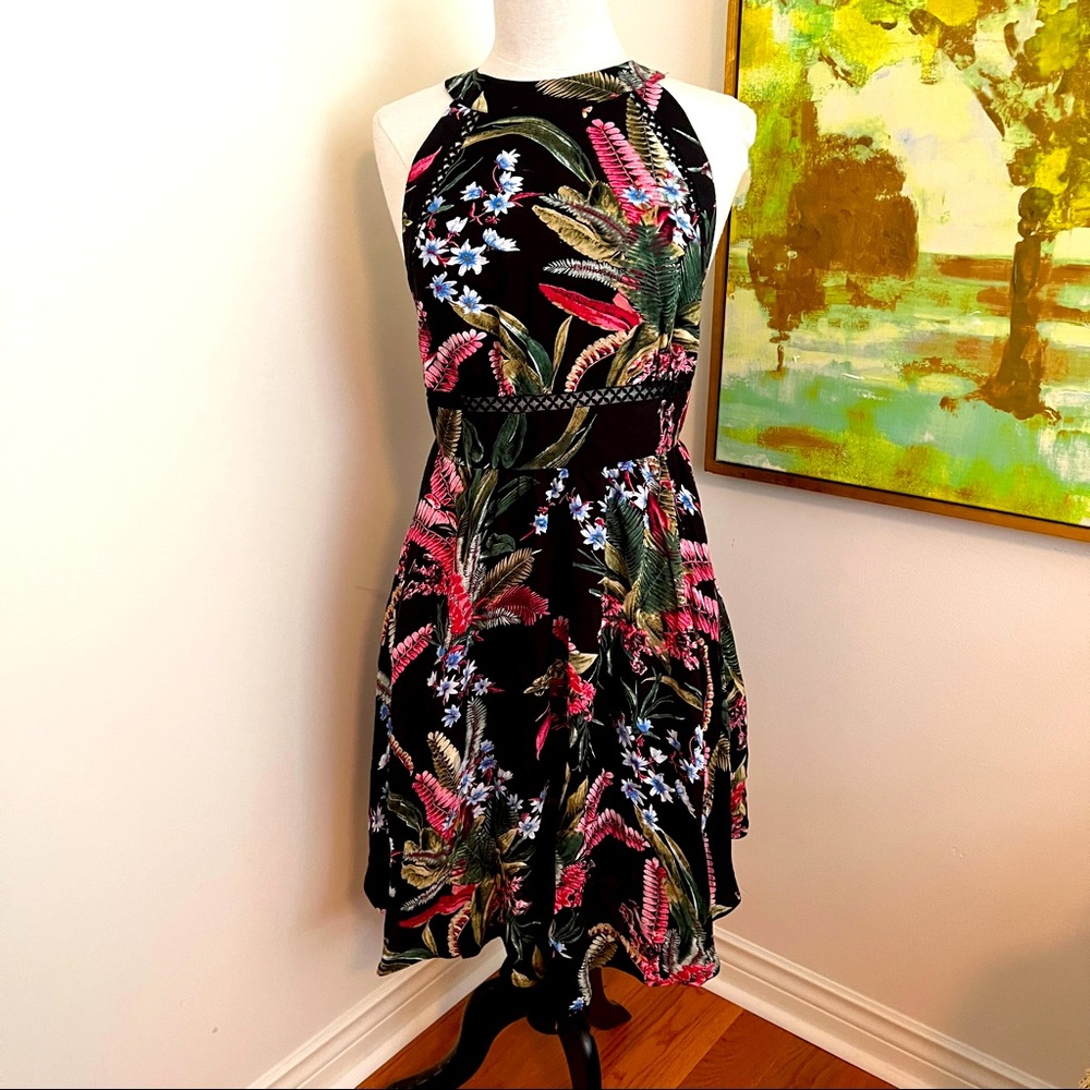 Lace insert and elastic shirred dress
